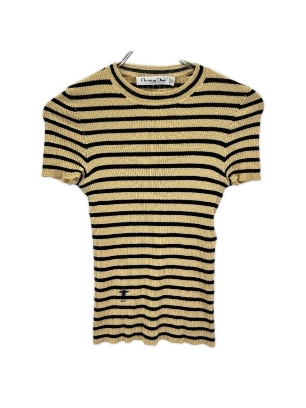 Dior Beige Black Cashmere Silk Bee Embroidery Border Short Sleeve Knit Sweater